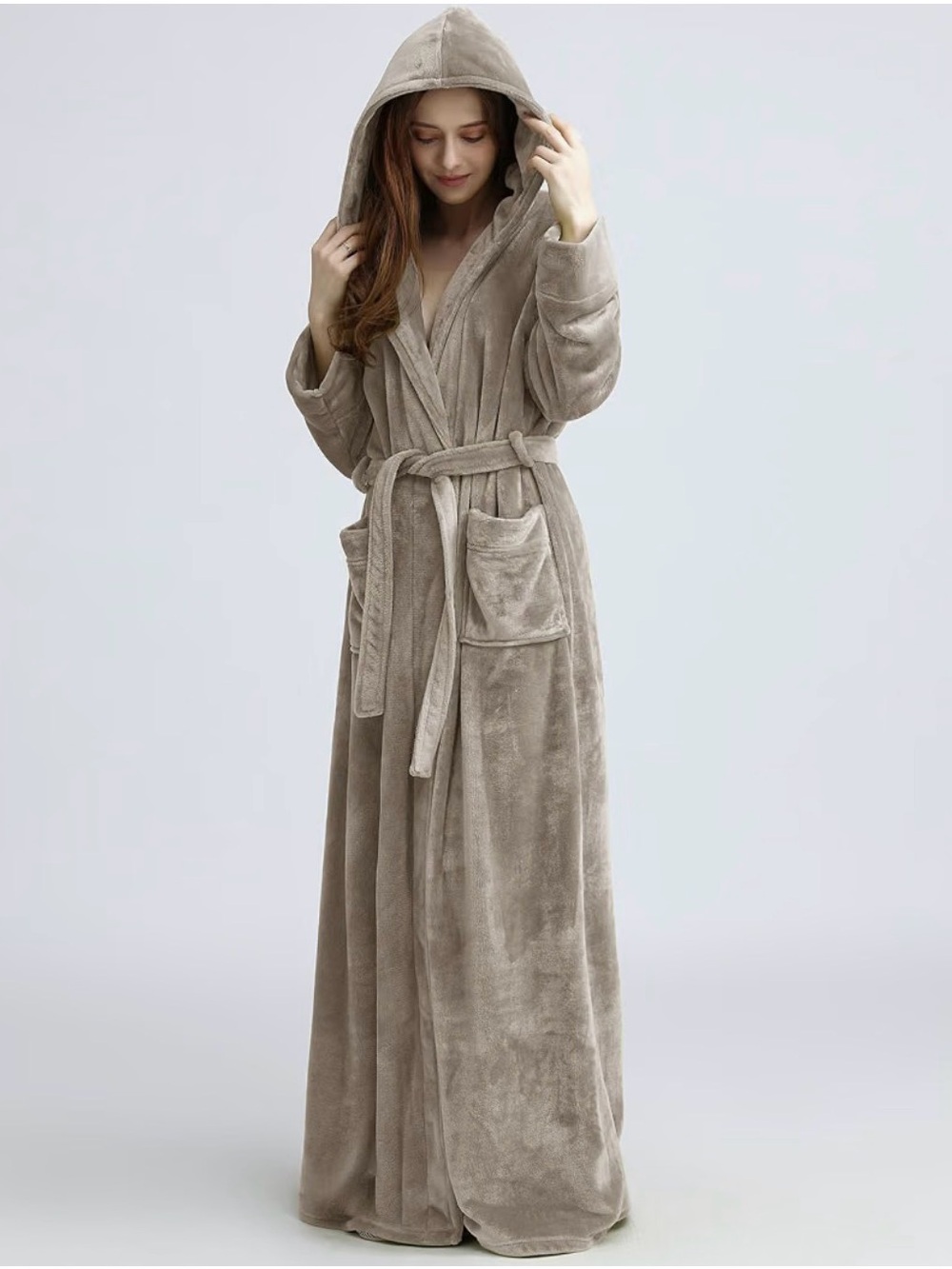 FLYGO Cozy Hooded Plush Long Robe - Taupe